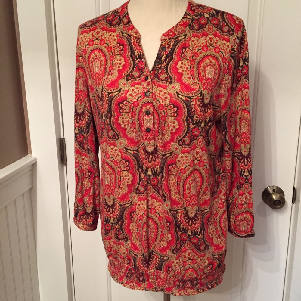 LUCKY BRAND TOP TUNIC RED CREAM PEASANT BOHO PRINT SIZE L LARGE